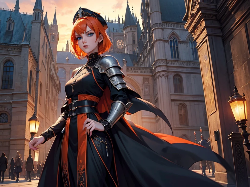 A beautiful and wonderful vampire woman, extremely detailed, short orange hair, wearing extremely detailed gothic armor, blue eyes in medieval public square, palace, crepúsculo, 8k, linda, sacerdotisa, crepúsculo, entardecer, vampira, capa longa, capuz