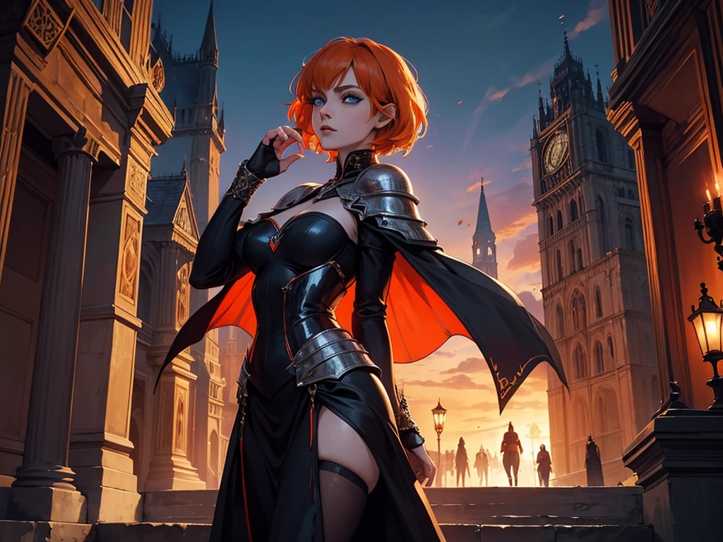 A beautiful and wonderful vampire woman, extremely detailed, short orange hair, wearing extremely detailed gothic armor, blue eyes in medieval public square, palace, crepúsculo, 8k, linda, sacerdotisa, crepúsculo, entardecer, vampira, capa longa, capuz 