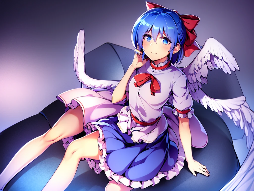 masterpiece, best quality, 1girl, , , 10 years old, medium blue hair, hair flaps, pink ribbon on head, well-formed face, blue eyes, angel girl, white blouse, puffy short sleeves, red ribbon, angel wings, long white skirt, red shoes, frills, ribbon head