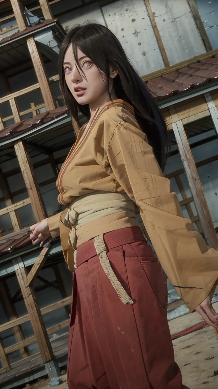 masterpiece, absurdity , (complex parts), (Colorful),Cinematic lighting,shot in the chest,чрезвычайно подробные обои CG Unity 8k ,Hyūga Hanabi,  1 girl, One, orange kimono, red hakama skirt, heart, wide sleeves, Looking at the viewer, closed mouth, wind,fighting stance,  long hair, knotted low, 