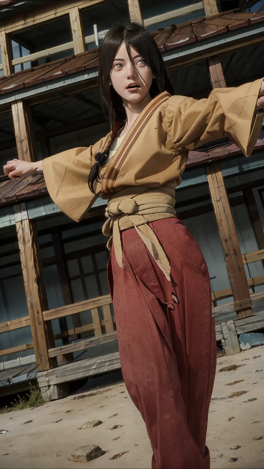 masterpiece, absurdity , (complex parts), (Colorful),Cinematic lighting,shot in the chest,чрезвычайно подробные обои CG Unity 8k ,Hyūga Hanabi, 1 girl, One, orange kimono, red hakama skirt, heart, wide sleeves, Looking at the viewer, closed mouth, wind,fighting stance, long hair, knotted low,