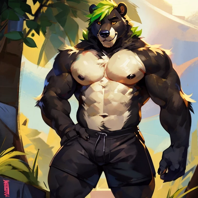 Medium muscular, black bear, shirtless, in black shorts, Amber eyes, bluish-green mane, bluish-black fur, cream-white fur, By mystikfox61