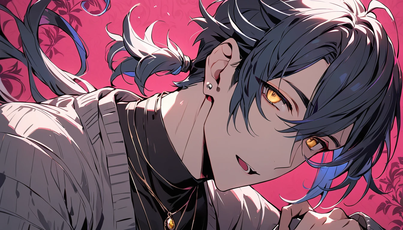 ((((best masterpiece, best quality, wallpaper,)))) solo, guy, male body, small muscles, flat chest, 1male, 30 years old, handsome man, dramatic angle, upper body, looking at viewers, beautiful detailed, seductive smile, mediumturquoise hair, ((((Lower short ponytail)))), asymmetrical bangs, ((short hair,)) ((( jitome, gold eyes, ^o^, tareme, droopy eyes,))) (((perfect face, extremely detailed eyes,))) perfect hands, sharp nose, clear face, black turtleneck, grey cardigan, ((silver piercing, pendant,)) leggings, pink background color ultrasharp, 8K, masterpiece,
