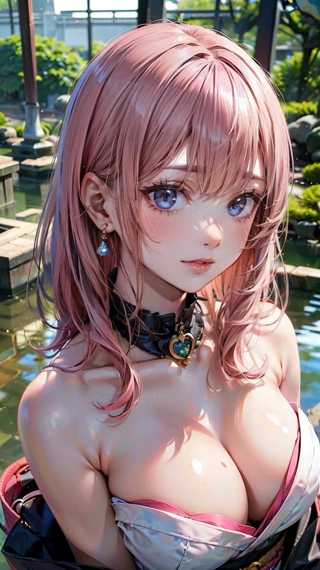 (Masterpiece, BestQuality:1.3), (ultra detailed:1.2), (hyperrealistic:1.3), (RAW photo:1.2), High detail RAW color photo, professional photograph, (Photorealistic:1.4), (realistic:1.4), (Pink Hair:1.5), professional lighting, perfect anatomy, (Big Breasts:1.2), (blush, detailed face), (cheerful Smile:1.5), Trending Hair&Trending Hairカラーをランダムに, earrings, necklace, bracelet, sexly, erotic sexly, Random sexy gravure poses, (Woman in Japanese clothing、The background is a Japanese garden、Gentle smile、Long black hair、Open collar pose: 1.3)