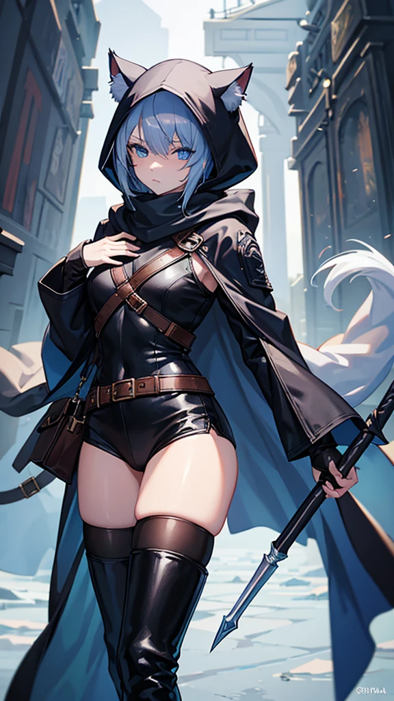 work of art, best qualityer, high resolution, 1 girl, synonym 1, 1 eye, scarf, short hair, mitts, ninja mask, long sleeves, leather pants, White hair, Cat's ears, cat tail, Rougue clothes, leather pants, holding, holding faca, bangs over one eye, bangs covering one eye, long bangs, blue eyes, 14 eyes old, hooded cloak, rogue rpg, rpg, ninja, ruins, medioval