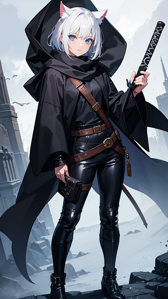 work of art, best qualityer, high resolution, 1 girl, synonym 1, 1 eye, scarf, short hair, mitts, ninja mask, long sleeves, leather pants, White hair, Cat's ears, cat tail, Rougue clothes, leather pants, holding, holding faca, bangs over one eye, bangs covering one eye, long bangs, blue eyes, 14 eyes old, hooded cloak, rogue rpg, rpg, ninja, ruins, medioval