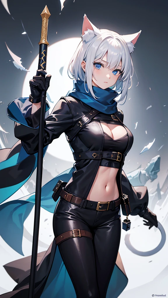 work of art, best qualityer, high resolution, 1 girl, synonym 1, 1 eye, scarf, short hair, mitts, ninja mask, long sleeves, leather pants, White hair, Cat's ears, cat tail, Rougue clothes, leather pants, holding, holding faca, bangs over one eye, bangs covering one eye, long bangs, blue eyes,  old, hooded cloak, rogue rpg, rpg, ninja, ruins, medioval