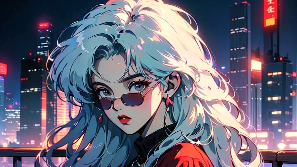 (80's, Retro, City Pop:1.5), (Album cover), (masterpiece, Highest quality, Exquisite detail), (anime, figure), (pastel colour:1.3), Best Photo Poses, Dynamic Angle,girl, alone, cool, Delicate face, Wearing sunglasses, Blonde Hair, Cityscape, City of night,