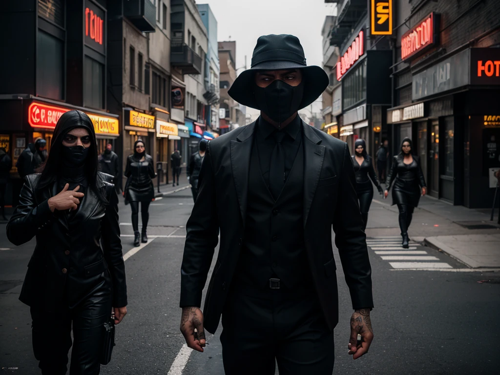 hyper-realistic detailed portrait of a male gangster on turkey street, black mask with gun, threatening 5 women walking on the street, dark and moody atmosphere, vibrant colors, cinematic composition, photorealistic, 8k, best quality