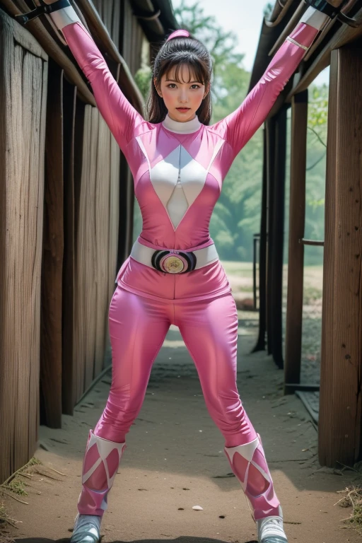 pink theme，pink ranger suit、curvy, big breats,  full body, tied on Saint Andrew's cross in X position