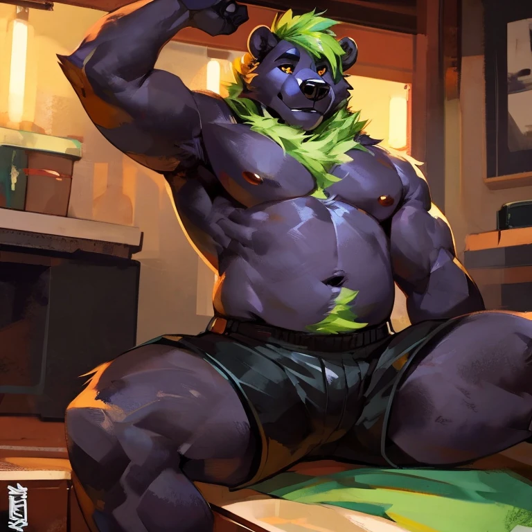 Medium muscular and chubby, black bear, shirtless, in black shorts, Amber eyes, bluish-green mane, bluish-black fur, cream-white fur, By mystikfox61