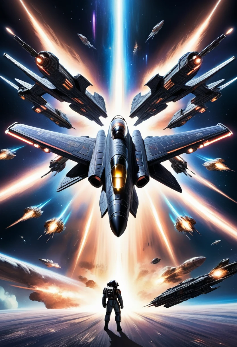 A vast and epic space battle, The future spacecraft is involved in fierce interstellar, Explosions and energy beams illuminate the dark space, Fighter pilots precise control, Dramatic scenes of cosmic war, Rich in details,Lifelike, The art of math, Pastel tones with neon lights, Dramatic lighting and contrast, Moody and atmospheric