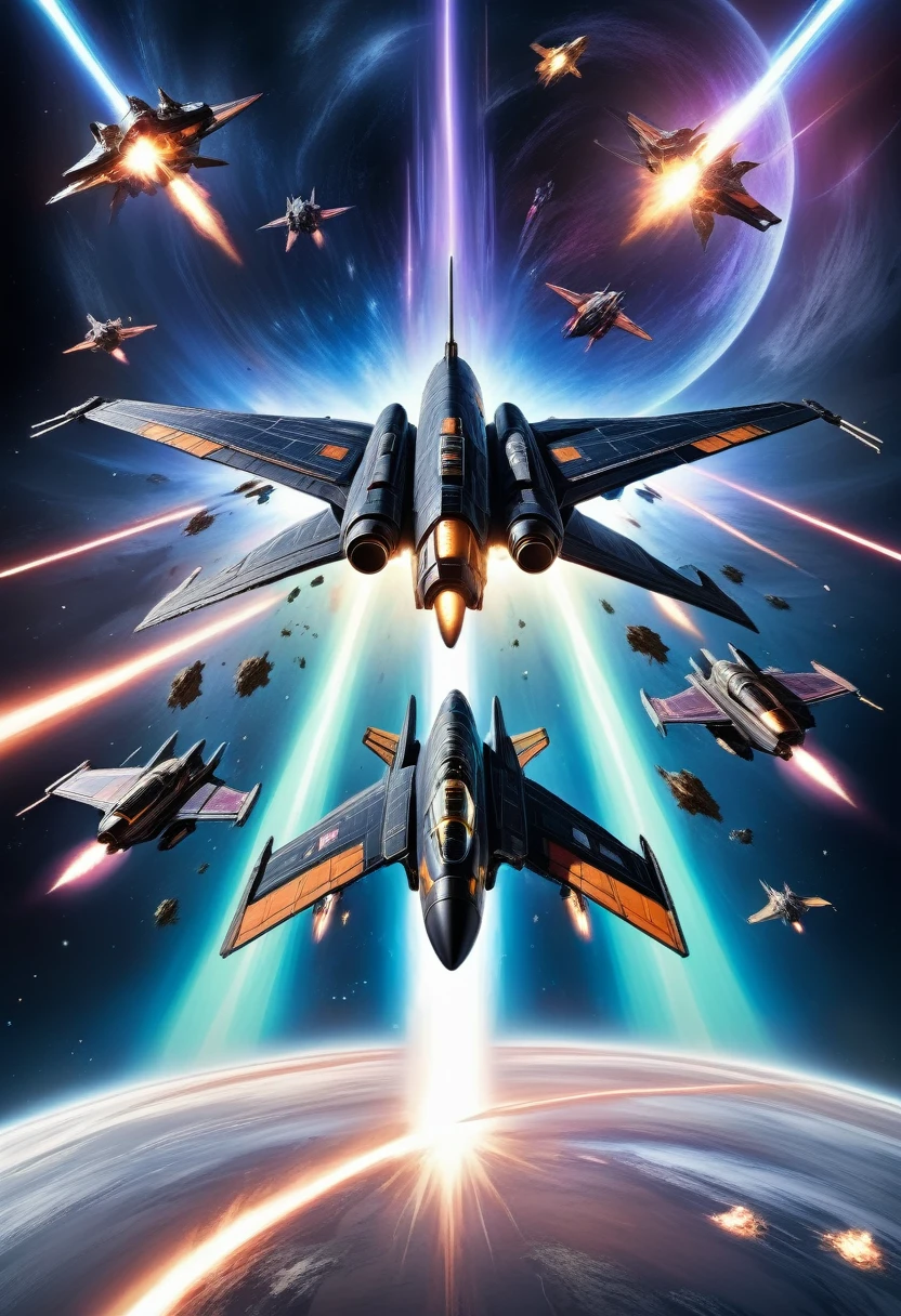 A vast and epic space battle, The future spacecraft is involved in fierce interstellar, Explosions and energy beams illuminate the dark space, Fighter pilots precise control, Dramatic scenes of cosmic war, Rich in details，Lifelike, The art of math, Pastel tones with neon lights, Dramatic lighting and contrast, Moody and atmospheric