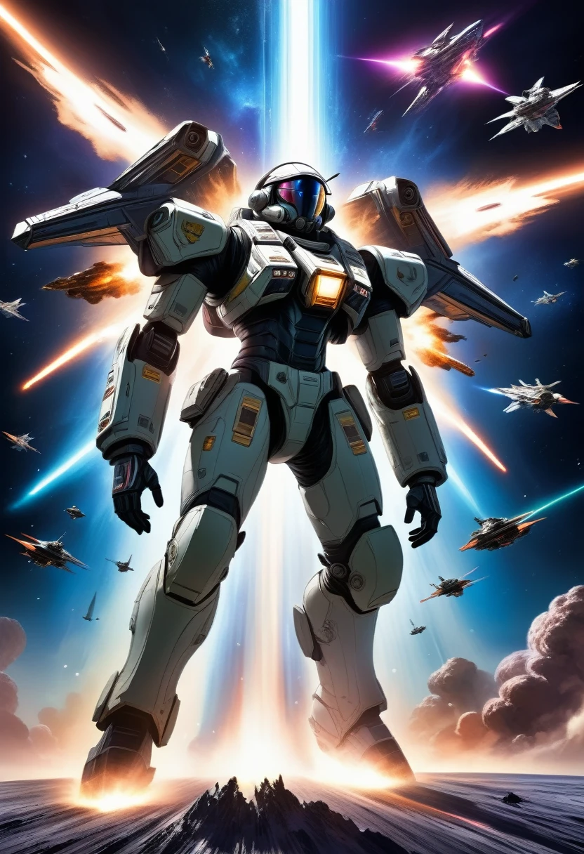 A vast and epic space battle, The future spacecraft is involved in fierce interstellar, Explosions and energy beams illuminate the dark space, Fighter pilots precise control, Dramatic scenes of cosmic war, Rich in details，Lifelike, The art of math, Pastel tones with neon lights, Dramatic lighting and contrast, Moody and atmospheric