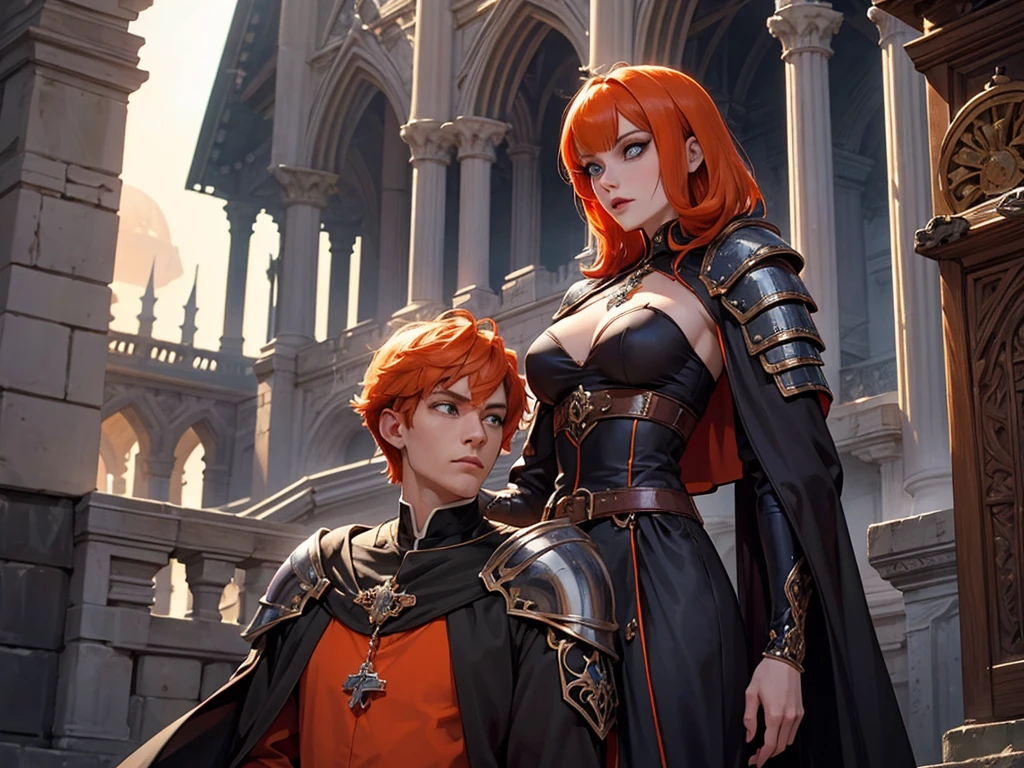 A beautiful and wonderful vampire woman, extremely detailed, short orange hair, wearing extremely detailed gothic armor, blue eyes in medieval public square, palace, crepúsculo, 8k, linda, sacerdotisa, crepúsculo, entardecer, vampira.