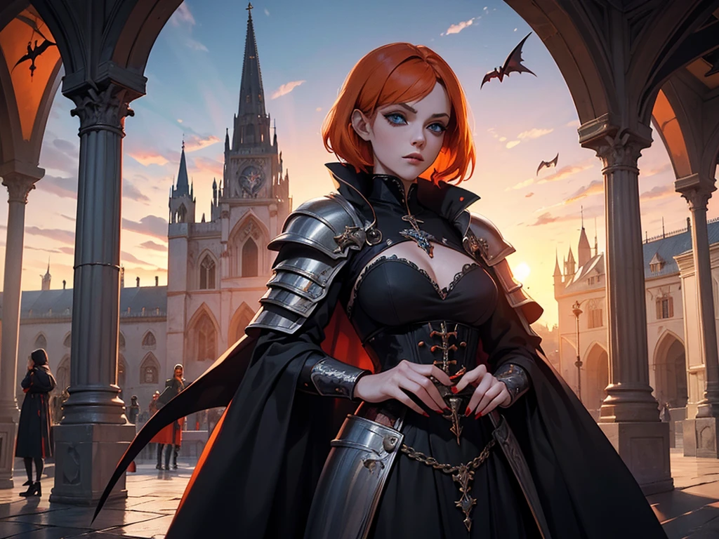 A beautiful and wonderful vampire woman, extremely detailed, short orange hair, wearing extremely detailed gothic armor, blue eyes in medieval public square, palace, crepúsculo, 8k, linda, sacerdotisa, crepúsculo, entardecer, vampira.