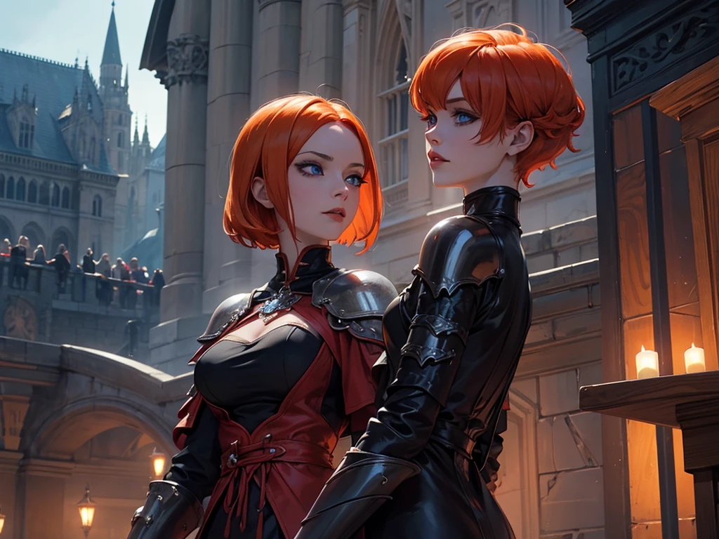 A beautiful and wonderful vampire woman, extremely detailed, short orange hair, wearing extremely detailed gothic armor, blue eyes in medieval public square, palace, crepúsculo, 8k, linda, sacerdotisa, crepúsculo, entardecer, vampira.