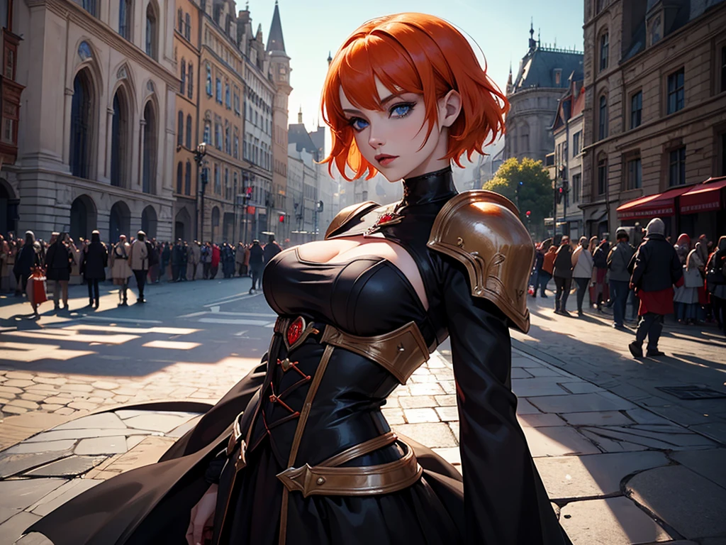 A beautiful and wonderful vampire woman, extremely detailed, short orange hair, wearing extremely detailed gothic armor, blue eyes in medieval public square, palace, crepúsculo, 8k, linda, sacerdotisa, crepúsculo, entardecer, vampira.