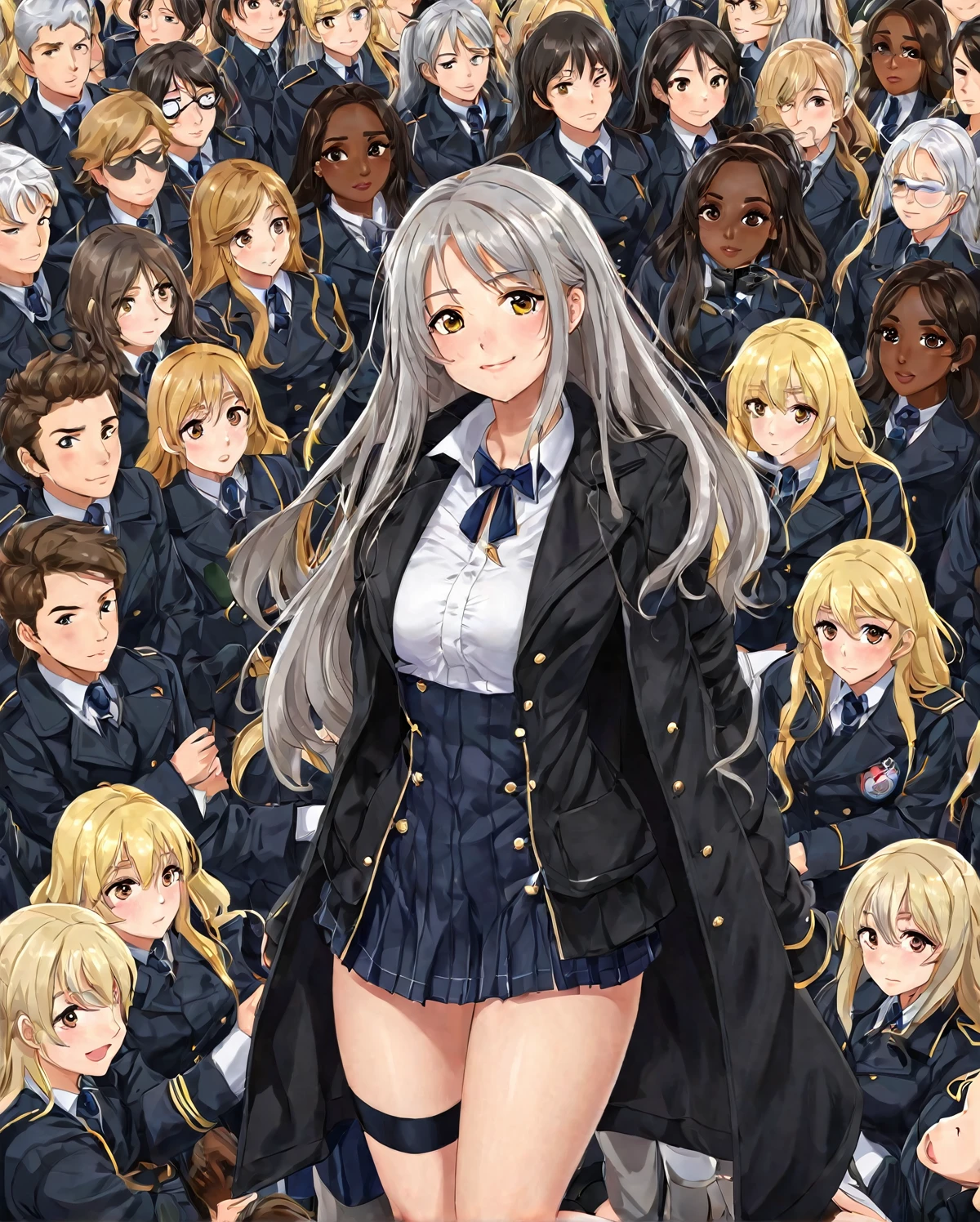 BREAK Perfect Anatomy、(High resolution:1.2)、Incredible illustrations、(Cute illustrations:1.2)
(Beautiful background,(nature,crowd))(netorare,yuri,dutch angle) 
2gial((blonde hair,shiny hair,hair intakes:1.8,long hair)(doyagao)(a girl,, 1.4meters, 35kg),17-year-old,flat chest))(Black coat,Combat Uniform,,garter straps,Eye patch),
        ((gradient grey hair,shiny hair,hair intakes:1.8,Dark Skin:1.6)(doyagao)(a girl,height 1.7meters, 40kg),,17-year-old))
 (Black coat,ゴシック風Combat Uniform,,garter straps,eyepatch:1.8) )
 Cosplayer surrounded by people
