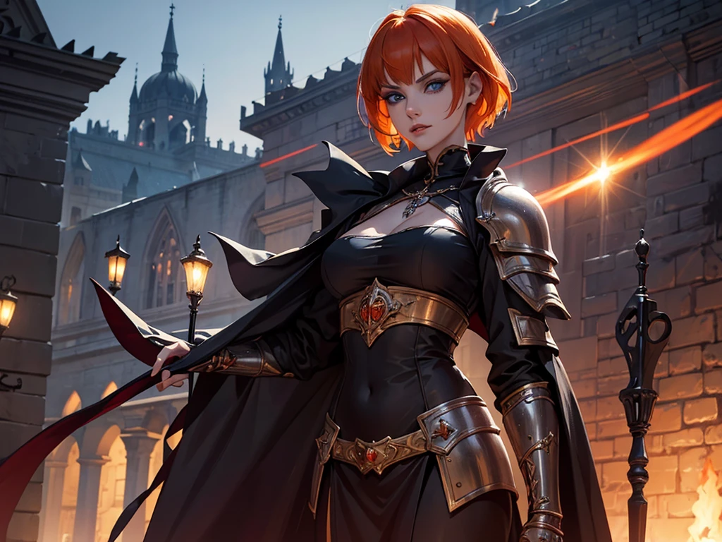 A beautiful and wonderful vampire woman, extremely detailed, short orange hair, wearing extremely detailed gothic armor, blue eyes in medieval public square, palace, crepúsculo, 8k, linda, sacerdotisa, crepúsculo, entardecer, vampira.