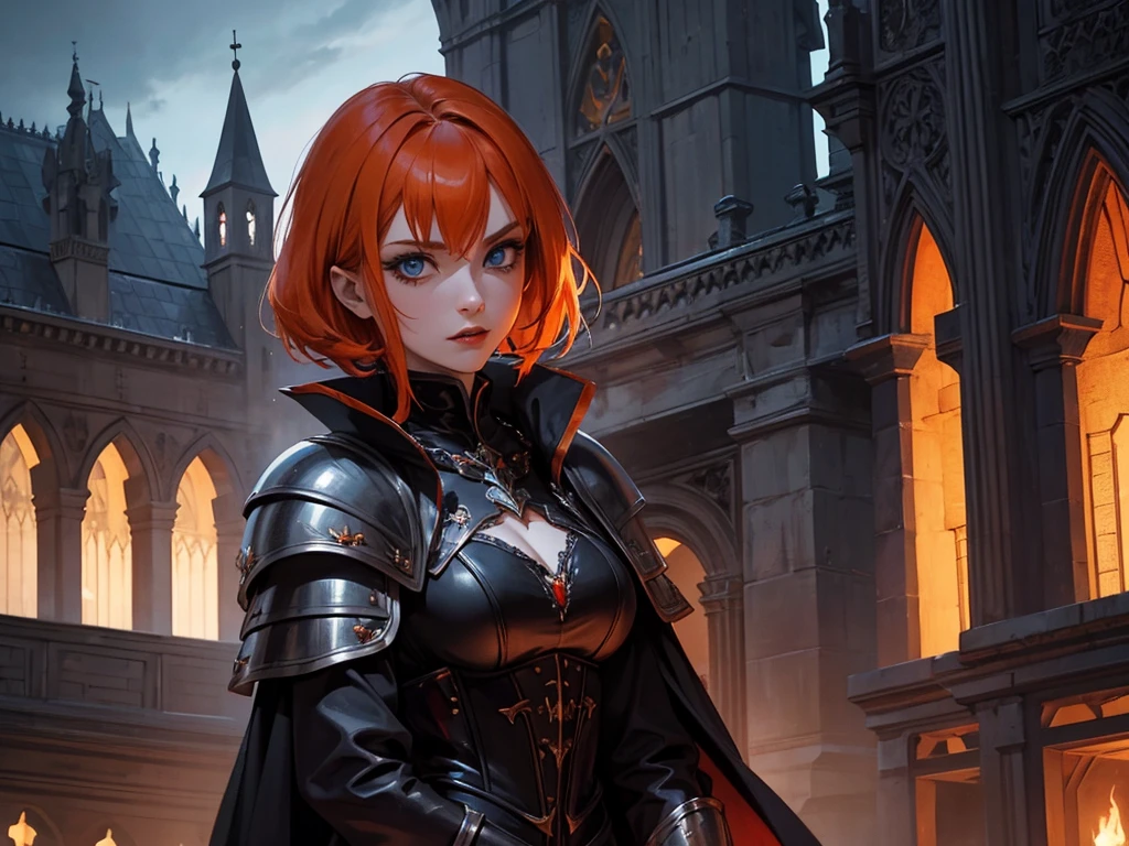 A beautiful and wonderful vampire woman, extremely detailed, short orange hair, wearing extremely detailed gothic armor, blue eyes in medieval public square, palace, crepúsculo, 8k, linda, sacerdotisa, crepúsculo, entardecer, vampira.