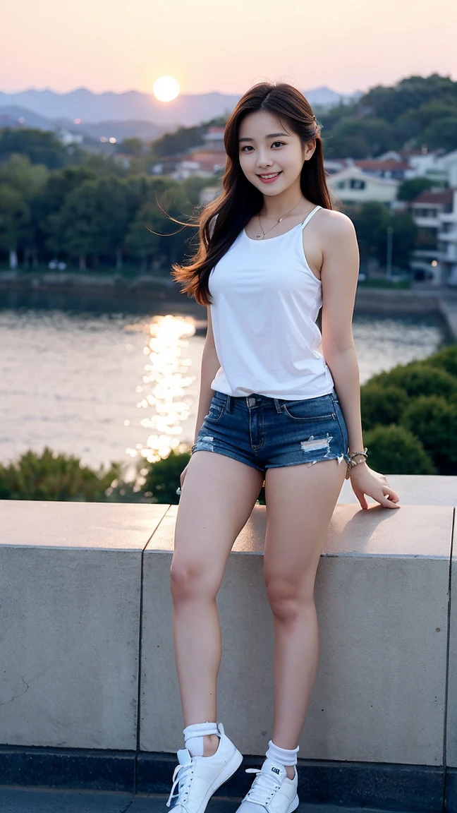 (masterpiece, top quality, best quality,1girls,Korean, beautiful face, smile, long hair, 19 years old, tank top, shorts, White shoes, hills, full body view, sunset,