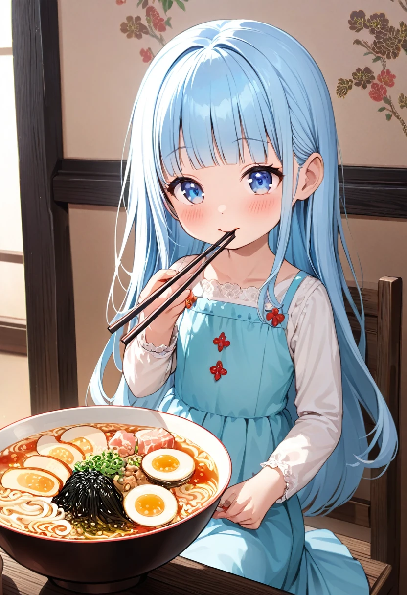 masterpiece, best quality, extremely detailed, (illustration, official art:1.1),adorable face、 1 girl ,(((( light blue long hair)))),pale blue hair,, long hair、 ((blush)) , cute face, big eyes, masterpiece, best quality,(((((a very delicate and beautiful girl))))),Amazing,beautiful detailed eyes,blunt bangs((((little delicate girl)))),tareme(true beautiful:1.2), sense of depth,dynamic angle,toddler,, affectionate smile, (true beautiful:1.2),,(tiny 1girl model:1.2),)flat chest、,solo,1girl,long skirt,ramen,chopsticks,eating,
