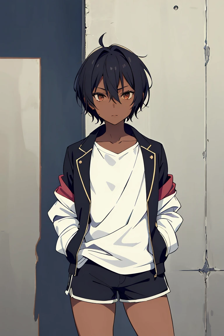 1girl, tomboy, short girl, pixie cut, dark skin female, flat chest, shirt, jacket, shorts