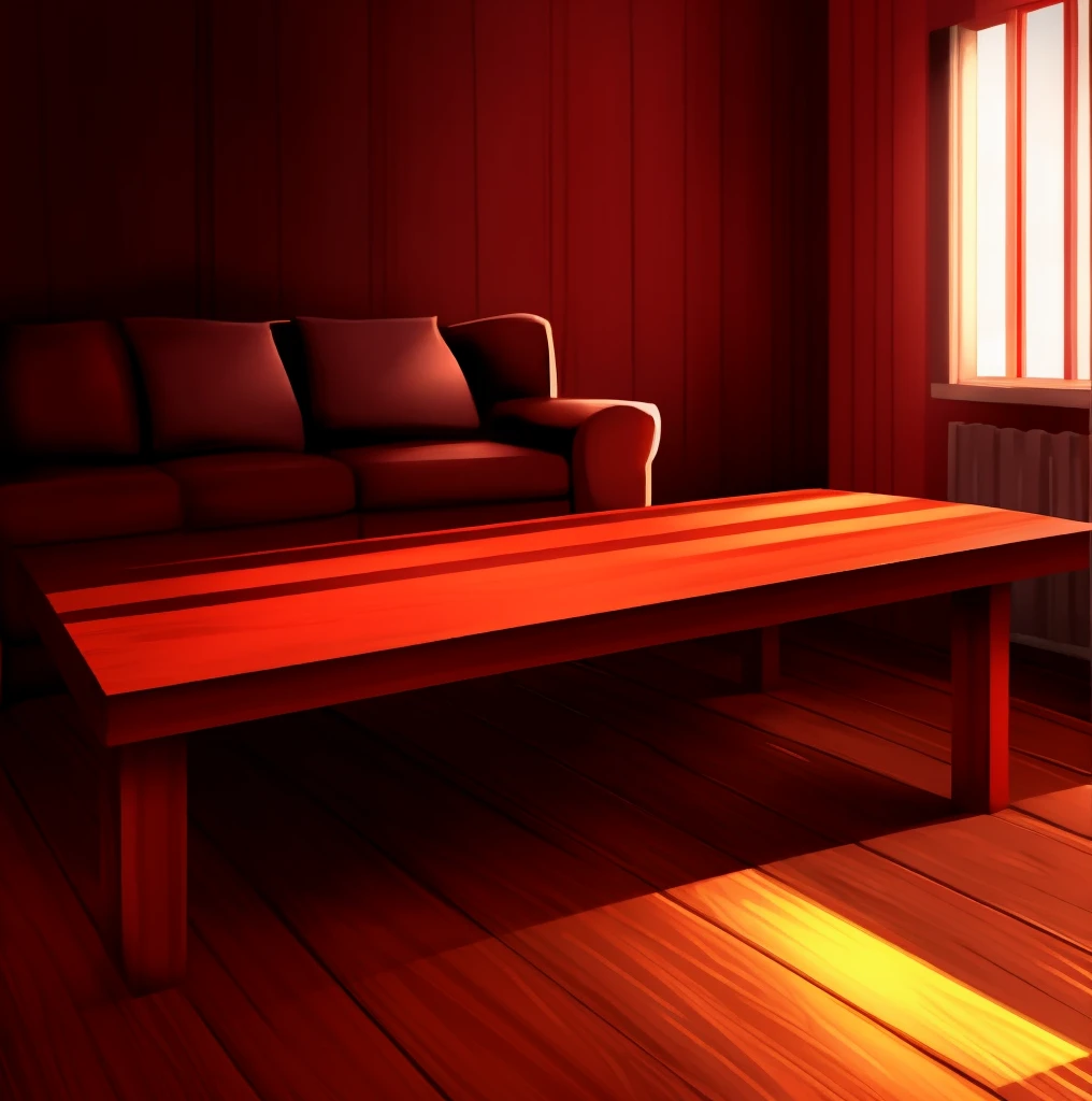 Room, red walls, wooden floors, red couch, table, cuffs on table