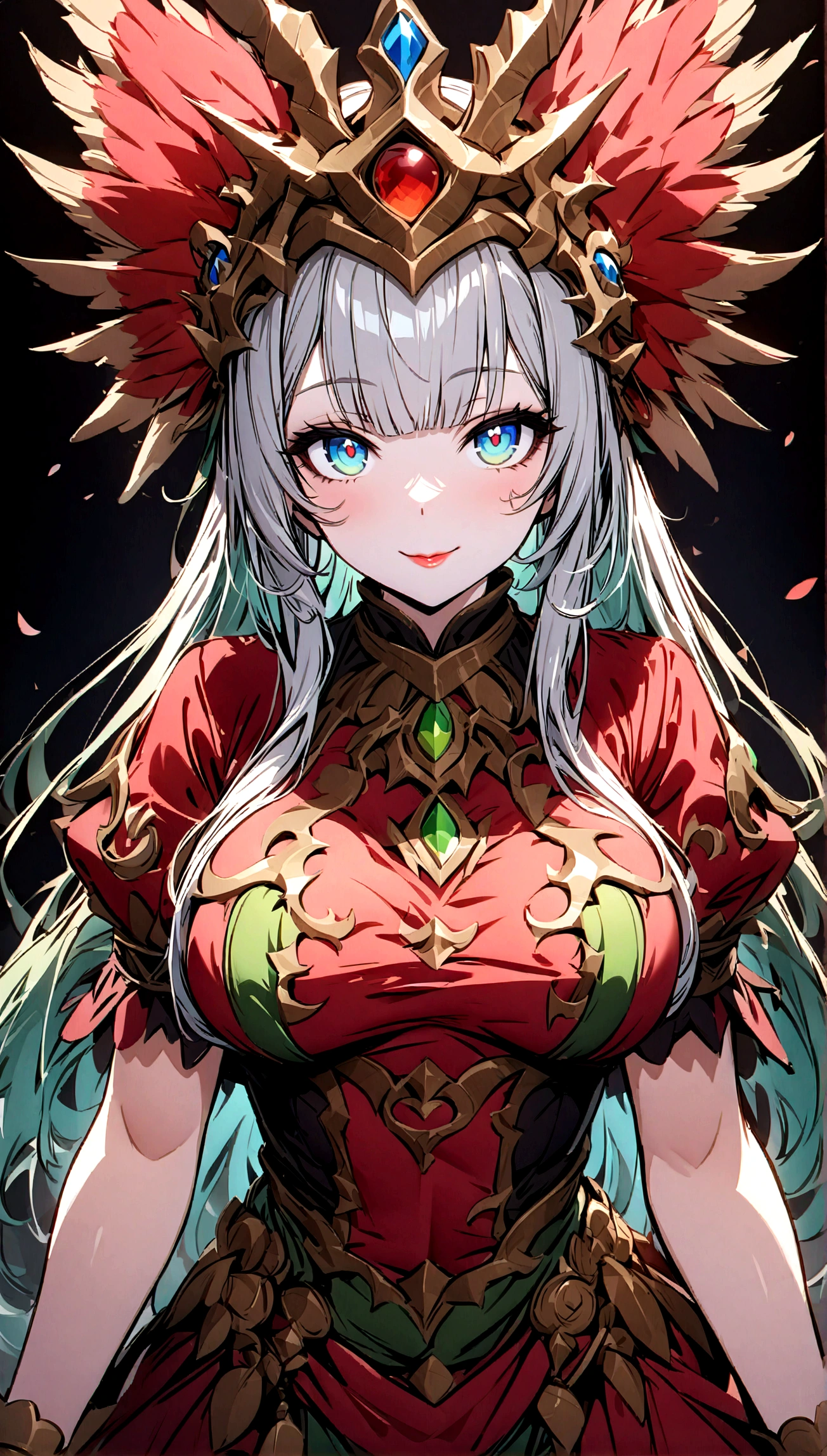 絶対resolution、Absurd、Dynamic lighting、高resolution、masterpiece、Highest quality)、Black background、((moonlight))、、One girl、Silver Hair、Shiny Hair、非常にLong Hair、Blunt bangs、Very red lips、Watching the viewer、Iconic pupil、Very big big、(Fake smile)、Narrow eyes、Light beige skin、 Miss Kobayashi's Maid Dragon、(((( Quetzalcoatl))))Two-tone blonde and yellow-green、Long Hair、Fluffy Curls、((Long eyelashes(((Odd Eye)))、(A kind smile)、Seductive behavior、
(Samba Costume:1.28)、
woman、、
(Beautiful background:1.18)、
高resolution、art、work、Highest quality、
resolution、Unity 8k wallpaper、(number:0.8)、(Detailed and beautiful eyes:1.6)、Highly detailed face、Perfect lighting、Highly detailed CG、(Perfect hands、Perfect Anatomy)