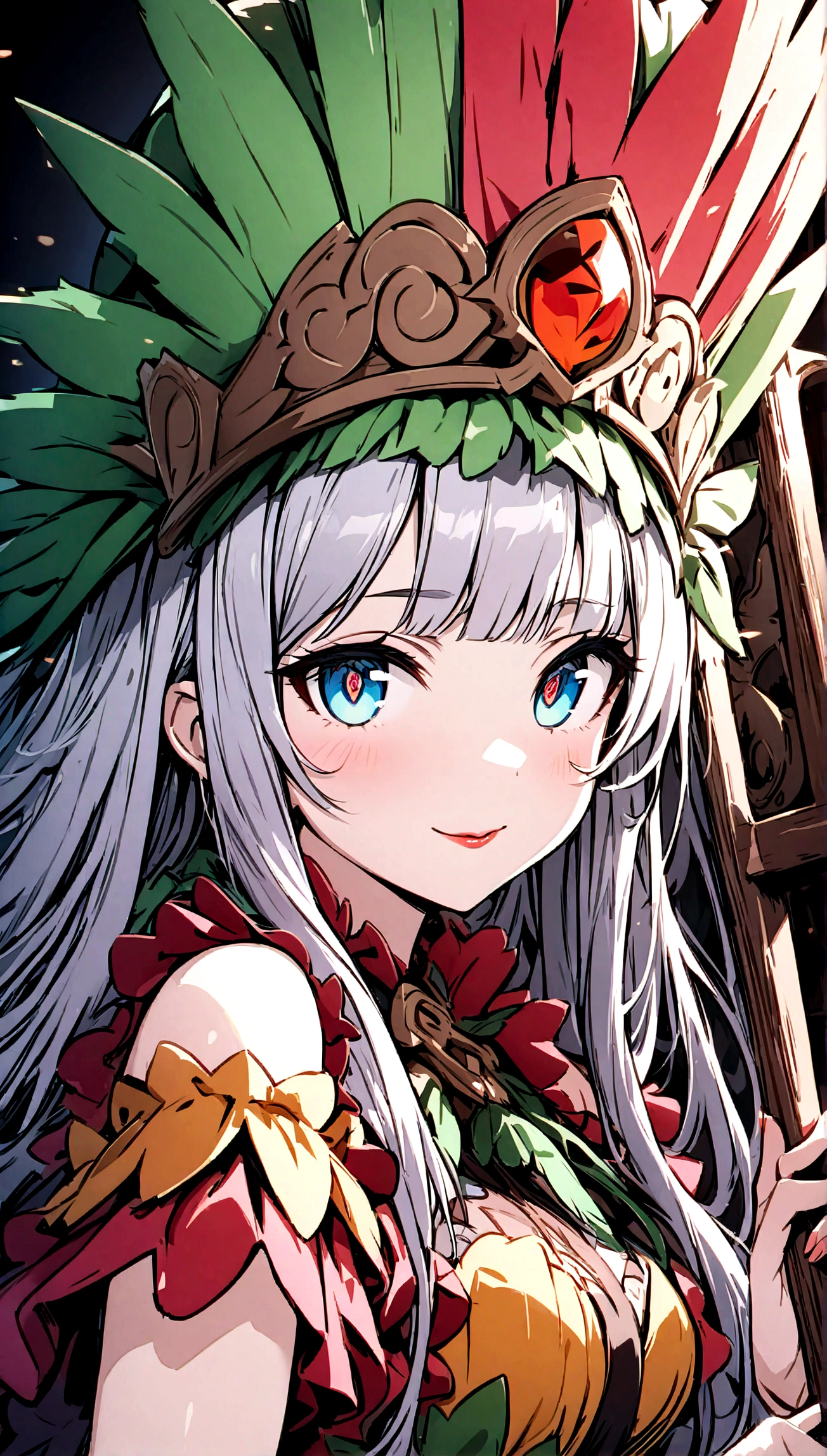 絶対resolution、Absurd、Dynamic lighting、高resolution、masterpiece、Highest quality）、Black background、（（moonlight））、、One girl、Silver Hair、Shiny Hair、非常にLong Hair、Blunt bangs、Very red lips、Watching the viewer、Iconic pupil、Very big big、（Fake smile）、Narrow eyes、Light beige skin、 Miss Kobayashi&#39;s Maid Dragon、（（（（ Quetzalcoatl））））Two-tone blonde and yellow-green、Long Hair、Fluffy Curls、（（Long eyelashes（（（Odd Eye）））、（A kind smile）、Seductive behavior、
（Samba Costume：1.28）、
woman、、
（Beautiful background：1.18）、
高resolution、art、work、Highest quality、

resolution、Unity 8k wallpaper、(number:0.8)、(Detailed and beautiful eyes:1.6)、Highly detailed face、Perfect lighting、Highly detailed CG、(Perfect hands、Perfect Anatomy)