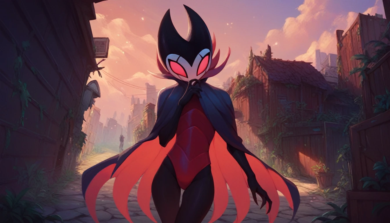 score_9, score_8_up, score_7_up, score_6_up, zPDXL2, grimm \(hollow knight\), vampire, bat, 1boy, solo, cute face, detailed eyes, landscape, outdoor, (solo portrait), (front view), clothed, highlight thighs, (dynamic poses), alley