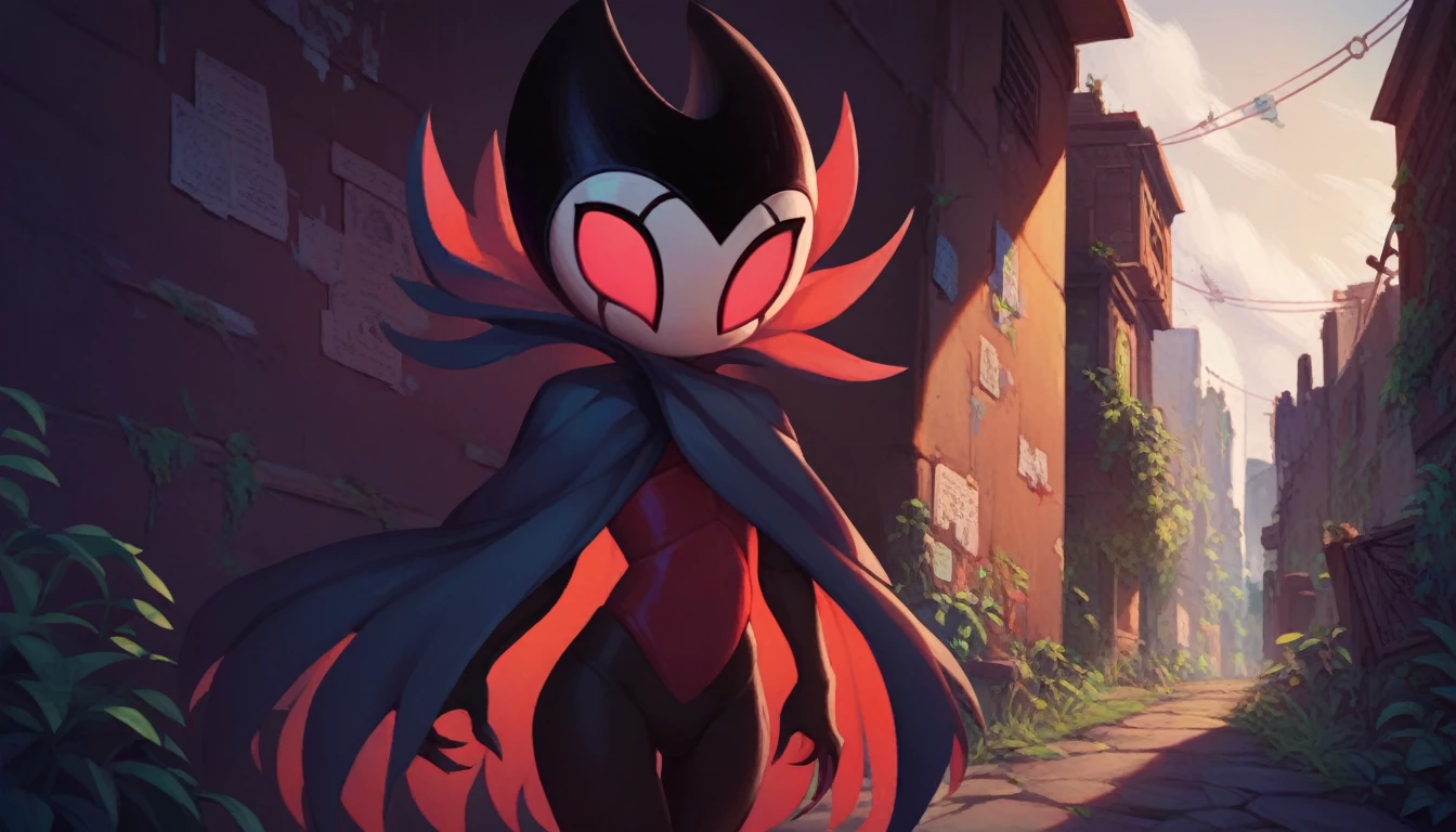 score_9, score_8_up, score_7_up, score_6_up, zPDXL2, grimm \(hollow knight\), vampire, bat, 1boy, solo, cute face, detailed eyes, landscape, outdoor, (solo portrait), (front view), clothed, highlight thighs, (dynamic poses), alley