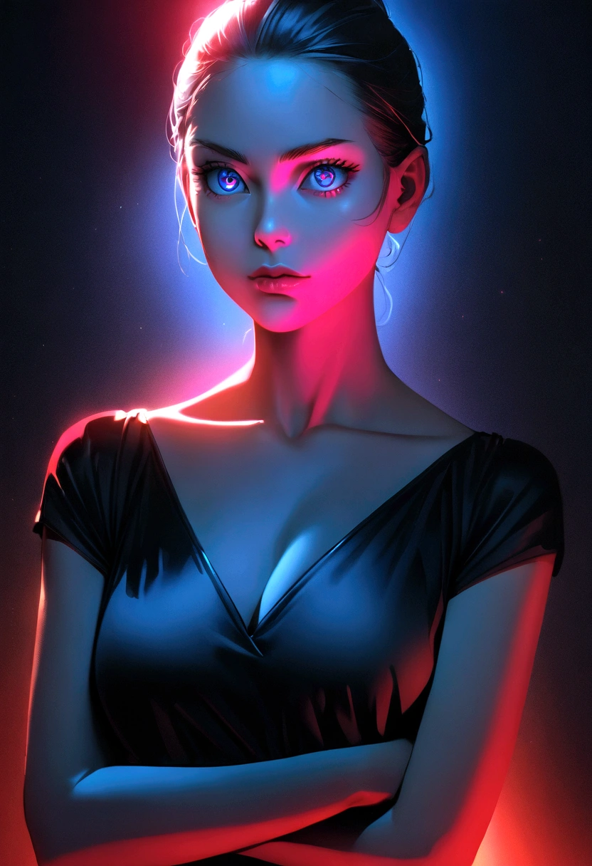 a woman in a black dress, arms crossed, centered portrait, beautiful young model, high quality portrait photography, upper body portrait, detailed eyes, detailed lips, extremely detailed eyes and face, long eyelashes, elegant pose, serious expression, striking lighting, cinematic lighting, dramatic lighting, intense colors, rich colors, vibrant colors, high contrast, sharp focus, photorealistic, 8k, best quality, masterpiece