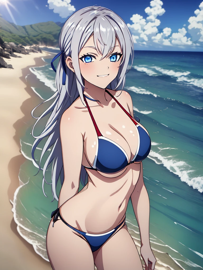 1girl, alya, white hair, long hair, hair ribbon, blue eyes, bikini,, in all four, smug face, beach, anime style