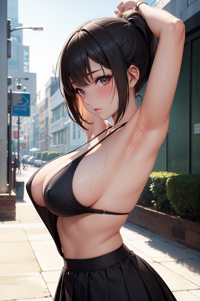 ((masterpiece, best quality, highres, UHD, perfect pixel, depth of field, 4k, RTX, HDR))), 1girl, single, solo, beautiful anime girl, beautiful artstyle, anime character, ((short hair, black hair :0.8)), ((detailed face, blushing:1.2)), 4K Wallpapaer, Ultra detailed, anime scenery, cyberpunk, anime girl, school girl, looking at viewers, from side, sideboobs, ponytail, arm up, armpits, armpits crease, sweaty, sweaty armpits, underboobs, she is hot and very sweaty