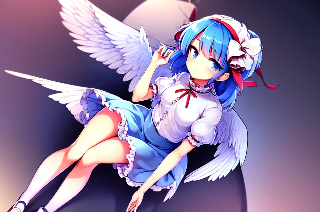masterpiece, best quality, 1girl, , , , medium blue hair, hair flaps, pink ribbon on head, well-formed face, blue eyes, angel girl, white blouse, puffy short sleeves, red ribbon, angel wings, long white skirt, red shoes, frills, ribbon head