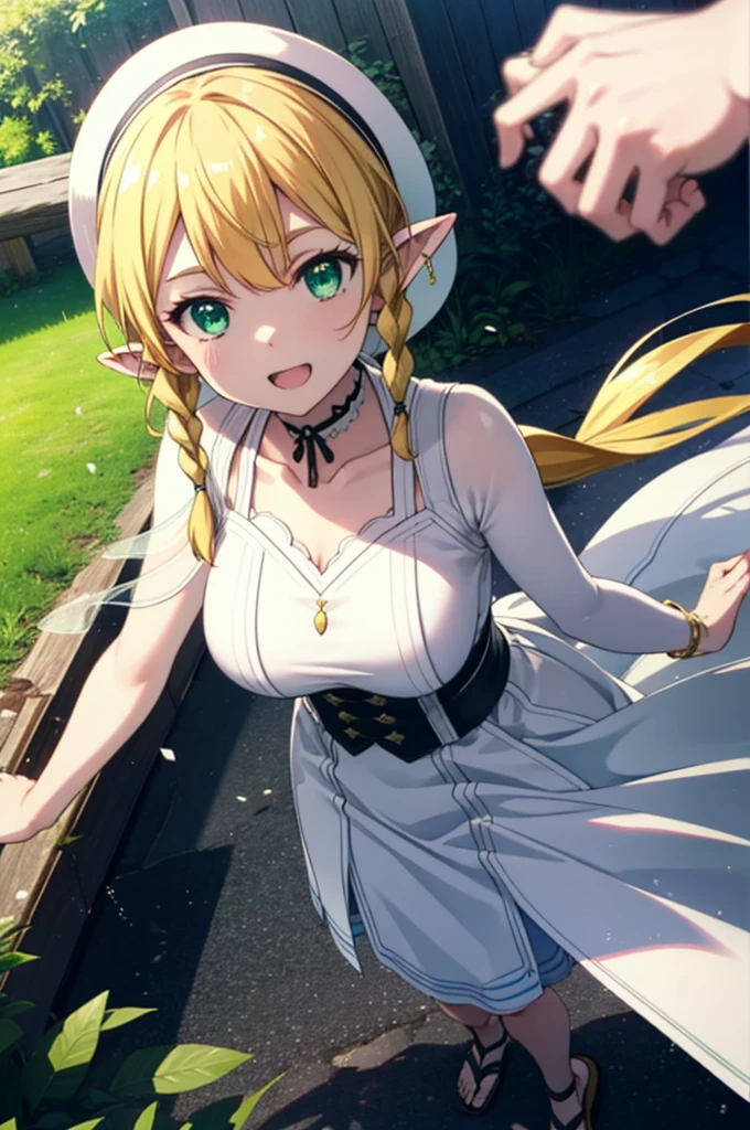 Suguhakirigaya, Suguhakirigaya, Long Hair,Blonde,Green Eyes,Pointy Ears,Short braids,,happy smile, smile, Open your mouth,Big Breasts,White straw hat,White sleeveless dress, bare arms,Green long skirt,Cute Sandals,Are standing,Clear skies,whole bodyがイラストに入るように,
break outdoors, nature, forest,
break looking at viewer, whole body,
break (masterpiece:1.2), Highest quality, High resolution, unity 8k wallpaper, (shape:0.8), (Beautiful attention to detail:1.6), Highly detailed face, Perfect lighting, Extremely detailed CG, (Perfect hands, Perfect Anatomy),