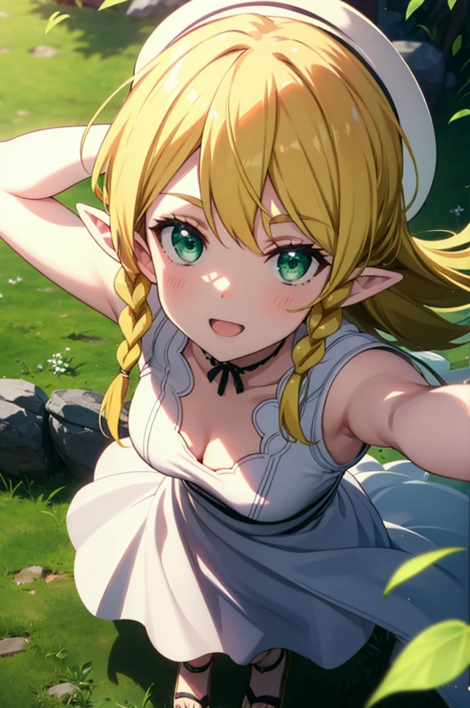 Suguhakirigaya, Suguhakirigaya, Long Hair,Blonde,Green Eyes,Pointy Ears,Short braids,,happy smile, smile, Open your mouth,Big Breasts,White straw hat,White sleeveless dress, bare arms,Green long skirt,Cute Sandals,Are standing,Clear skies,whole bodyがイラストに入るように,
break outdoors, nature, forest,
break looking at viewer, whole body,
break (masterpiece:1.2), Highest quality, High resolution, unity 8k wallpaper, (shape:0.8), (Beautiful attention to detail:1.6), Highly detailed face, Perfect lighting, Extremely detailed CG, (Perfect hands, Perfect Anatomy),