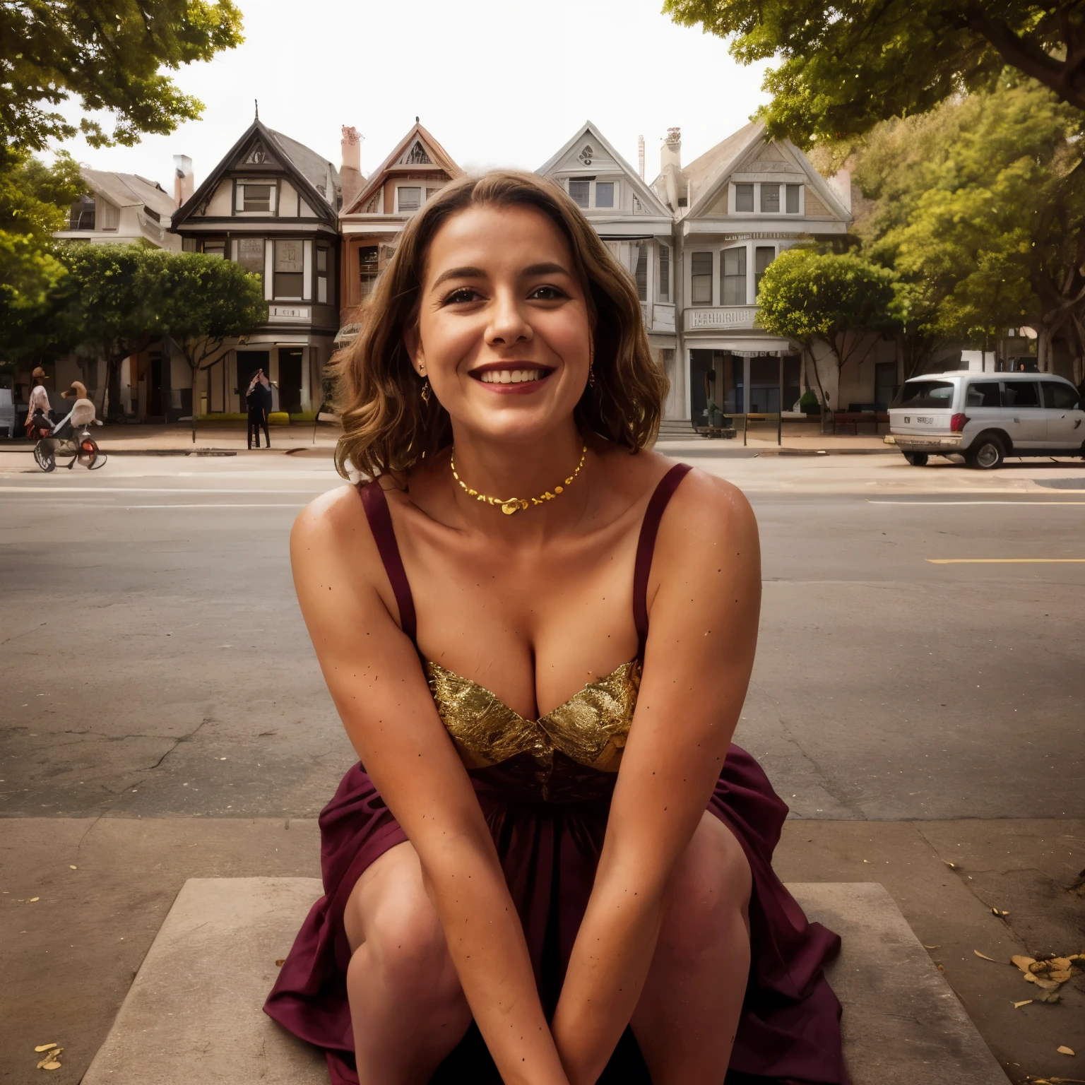 Best Quality, Masterpiece, Ultra High Resolution, (Realism: 1.4), Original Photo, 1woman suddle smiling blond LaGermania, sitting on the steps of the iconic Painted Ladies in Alamo Square Park, San Francisco, 2024. She is dressed in a luxurious Baroque gown, adorned with intricate gold embroidery, lace sleeves, and a lavishly decorated bodice, entirely inappropriate for the casual park environment. The gown is a deep burgundy, with gold and cream accents, and the voluminous skirts are slightly damp, clinging to her form. Her hair is styled in elaborate curls, with a few wet strands sticking to her skin, and she wears a pearl choker around her neck. The park is filled with tourists taking photos, joggers, and picnickers in modern attire. The vibrant Victorian houses provide a picturesque backdrop, their colorful facades contrasting sharply with her 17th-century attire. The afternoon sun bathes the scene in a warm glow, casting soft shadows and highlighting the textures of her dress. LaGermania's joyful smile and the lively park scene create a visually striking and humorous image, blending historical grandeur with contemporary life.