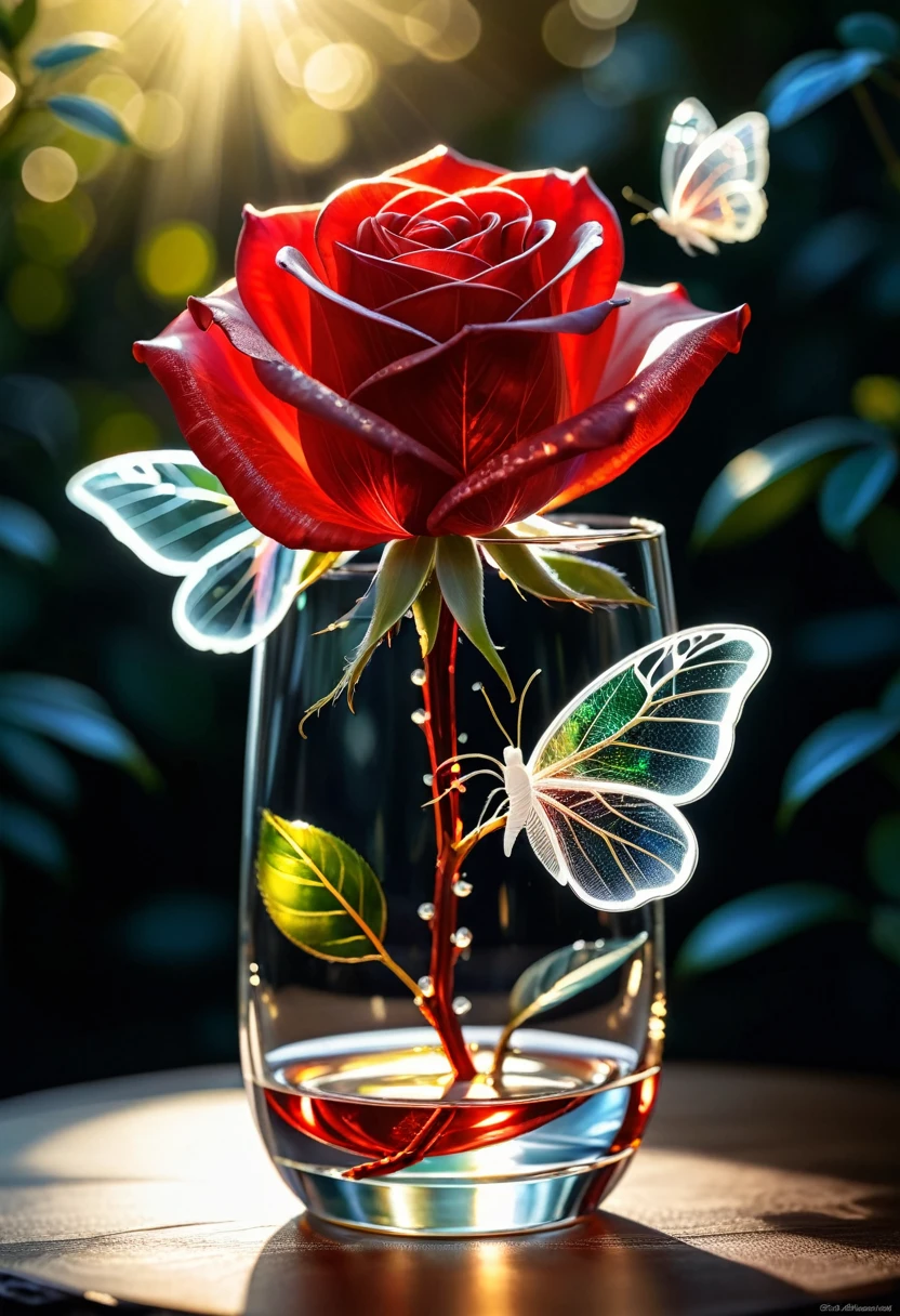 a beautiful transparent glass red rose with a exquisite fragile iridescent glass leafs, surrounded with [white:2] butterflies, intricate details, masterpiece, award winning, rich, breathtaking, golden hour light, bokeh, atmospheric, ((close up))