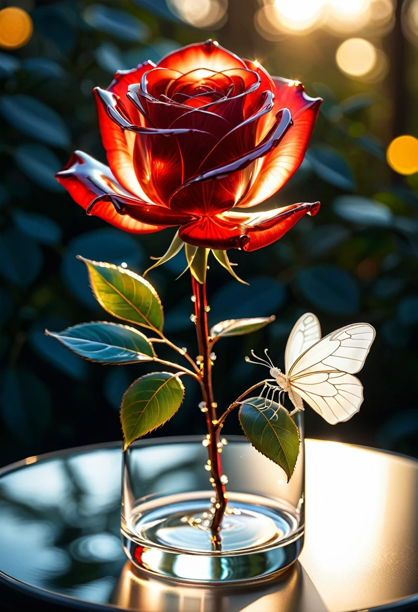 a beautiful transparent glass red rose with a exquisite fragile iridescent glass leafs, surrounded with [white:2] butterflies, intricate details, masterpiece, award winning, rich, breathtaking, golden hour light, bokeh, atmospheric, ((close up))