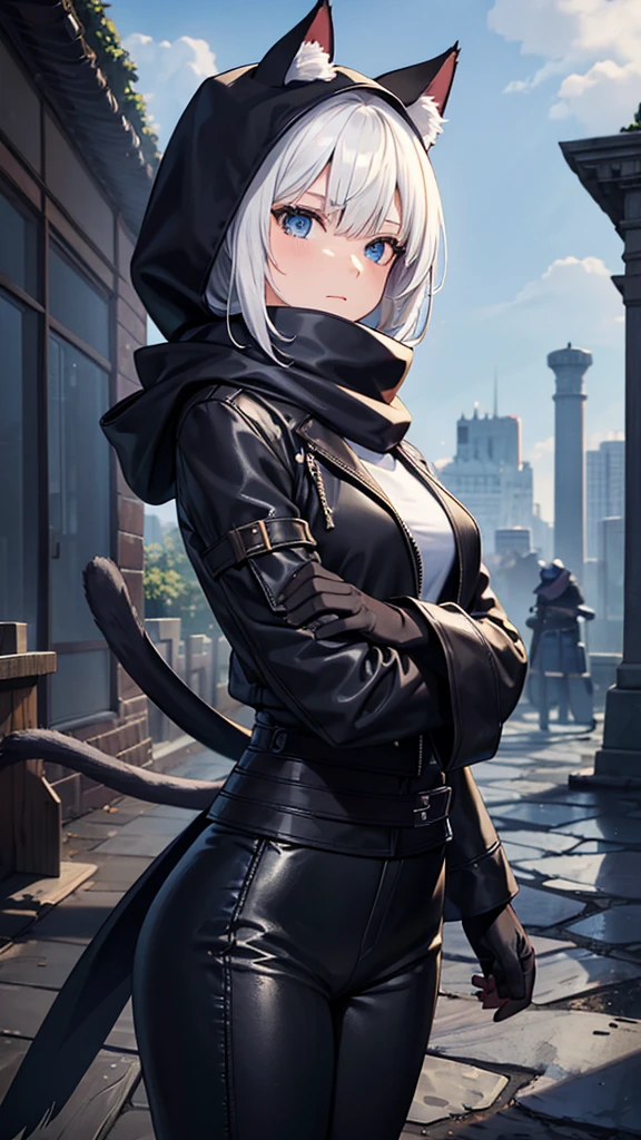 work of art, best qualityer, high resolution, 1 girl, synonym 1, scarf, short hair, mitts, ninja mask, long sleeves, leather pants, White hair, Cat's ears, cat tail, Rougue clothes, leather pants, holding, holding faca, bangs over one eye, bangs covering one eye, long bangs, blue eyes, 14 eyes old, hooded cloak, rogue rpg, rpg, ninja, ruins, medioval