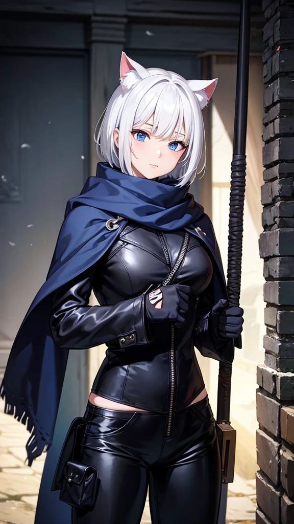 work of art, best qualityer, high resolution, 1 girl, synonym 1, scarf, short hair, mitts, ninja mask, long sleeves, leather pants, White hair, Cat's ears, cat tail, Rougue clothes, leather pants, holding, holding faca, bangs over one eye, bangs covering one eye, long bangs, blue eyes, 14 eyes old, hooded cloak, rogue rpg, rpg, ninja, ruins, medioval