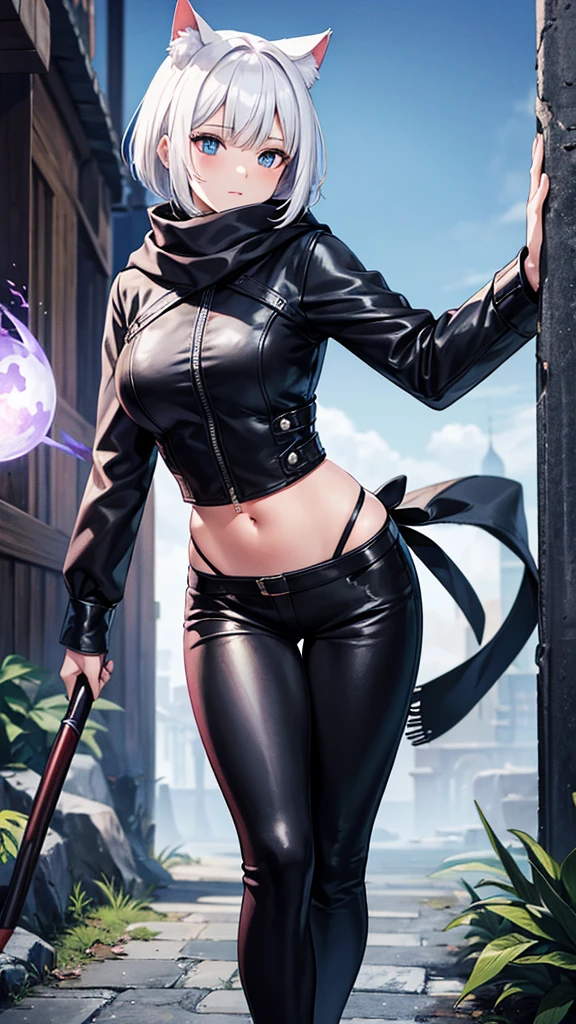 work of art, best qualityer, high resolution, 1 girl, synonym 1, scarf, short hair, mitts, ninja mask, long sleeves, leather pants, White hair, Cat's ears, cat tail, Rougue clothes, leather pants, holding, holding faca, bangs over one eye, bangs covering one eye, long bangs, blue eyes, 14 eyes old, hooded cloak, rogue rpg, rpg, ninja, ruins, medioval