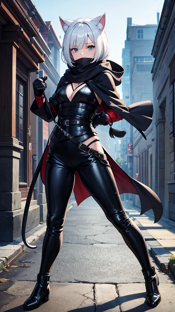 work of art, best qualityer, high resolution, 1 girl, synonym 1, scarf, short hair, mitts, ninja mask, long sleeves, leather pants, White hair, Cat's ears, cat tail, Rougue clothes, leather pants, holding, holding faca, bangs over one eye, bangs covering one eye, long bangs, blue eyes, 14 eyes old, hooded cloak, rogue rpg, rpg, ninja, ruins, medioval