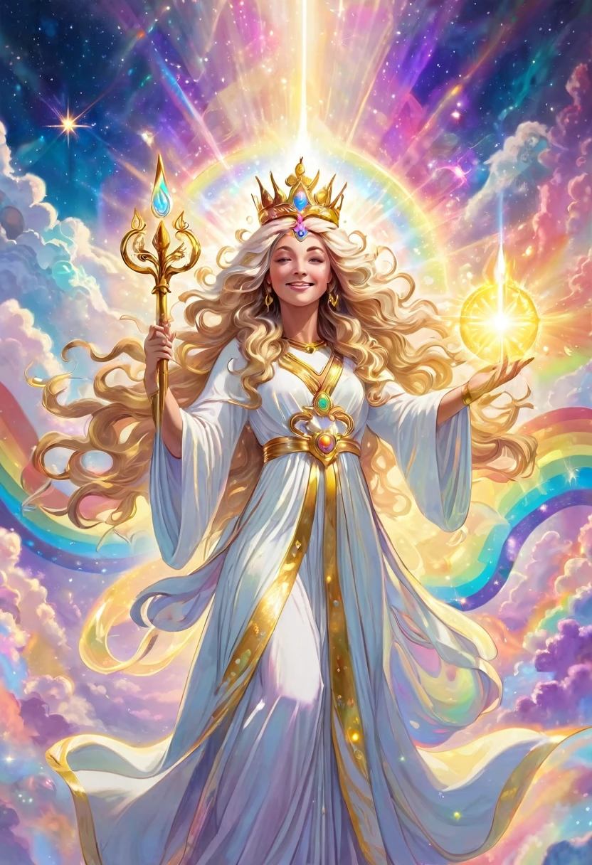 Smiling goddess with a golden staff, crown, Light energy is emitted from the wand, white robes, glowing aura, long wavy hair in cosmic colors, close-up, she has both palms up, above the clouds, pastel rainbow light, Goddess Chakra shines brightly