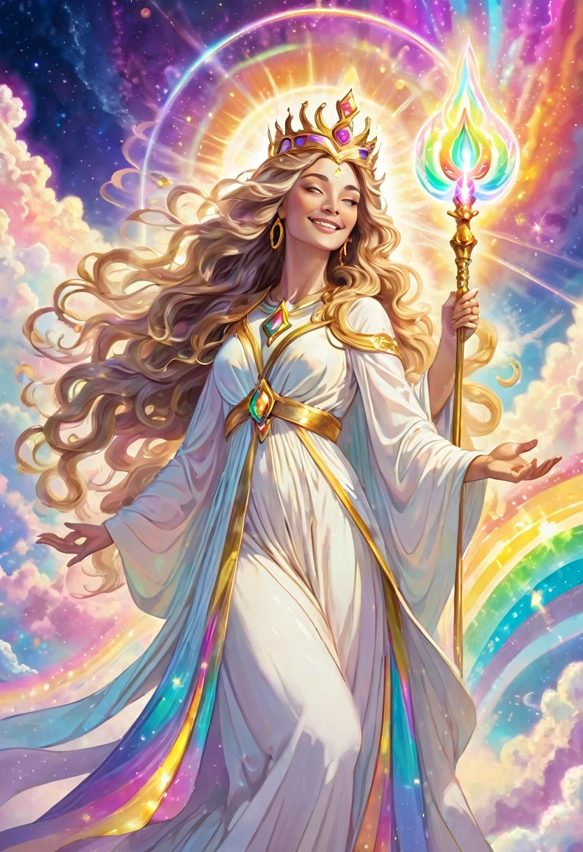 Smiling goddess with a golden staff, crown, Light energy is emitted from the wand, white robes, glowing aura, long wavy hair in cosmic colors, close-up, she has both palms up, above the clouds, pastel rainbow light, Goddess Chakra shines brightly