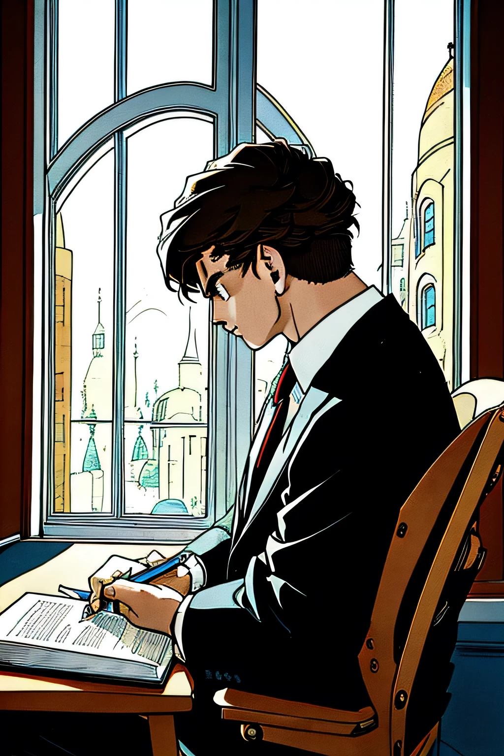 Masterpiece, (top quality), super high resolution, beautiful, visually stunning, elegant, stunning detail, award-winning art, boy studying, student, uniform, white shirt, handsome, 17 years old, window seat, side view, upper body, sitting in chair