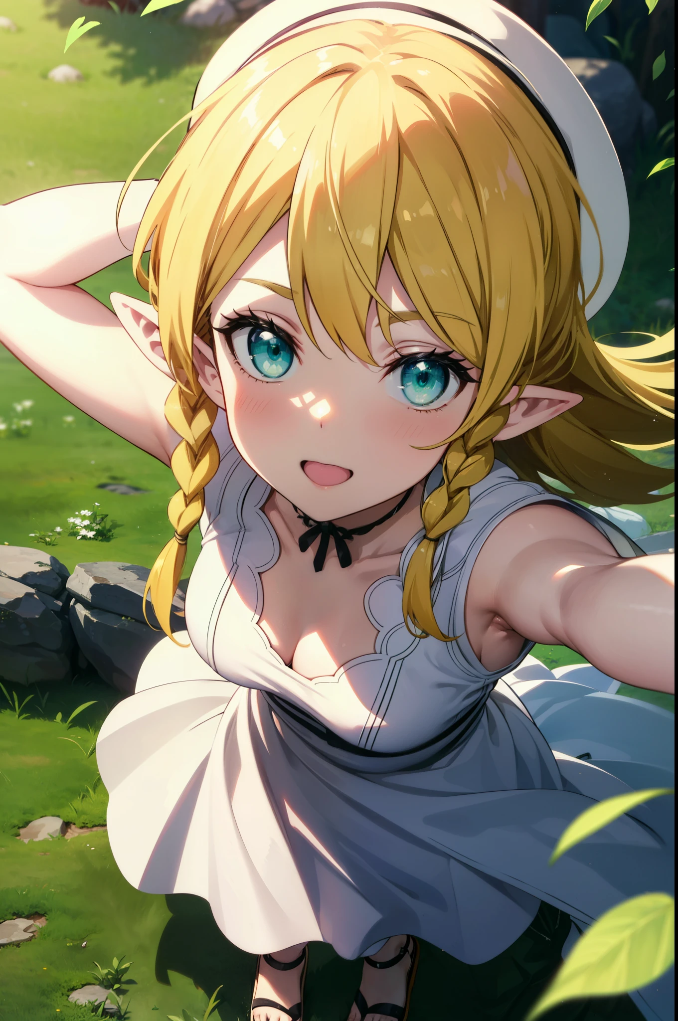 Suguhakirigaya, Suguhakirigaya, Long Hair,Blonde,Green Eyes,Pointy Ears,Short braids,,happy smile, smile, Open your mouth,Big Breasts,White straw hat,White sleeveless dress, bare arms,Green long skirt,Cute Sandals,Are standing,Clear skies,whole bodyがイラストに入るように,
break outdoors, nature, forest, 
break looking at viewer, whole body,
break (masterpiece:1.2), Highest quality, High resolution, unity 8k wallpaper, (shape:0.8), (Beautiful attention to detail:1.6), Highly detailed face, Perfect lighting, Extremely detailed CG, (Perfect hands, Perfect Anatomy),